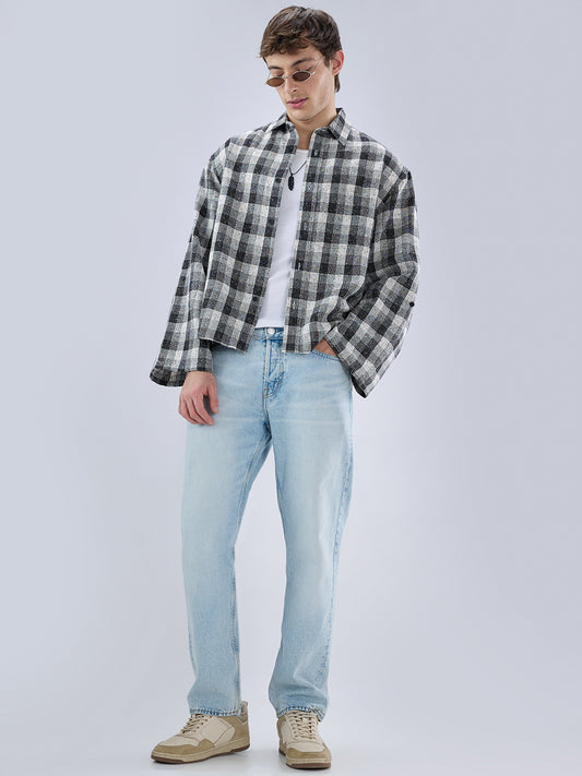 Black & White Textured Interweave Boxy Fit Crop Shirt