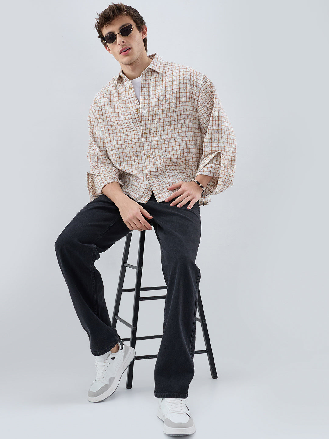 White & Brown Interweave Textured Cuffless Oversized Crop Shirt