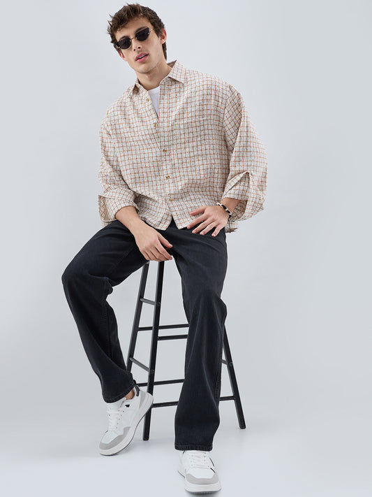 White & Brown Interweave Textured Cuffless Oversized Crop Shirt