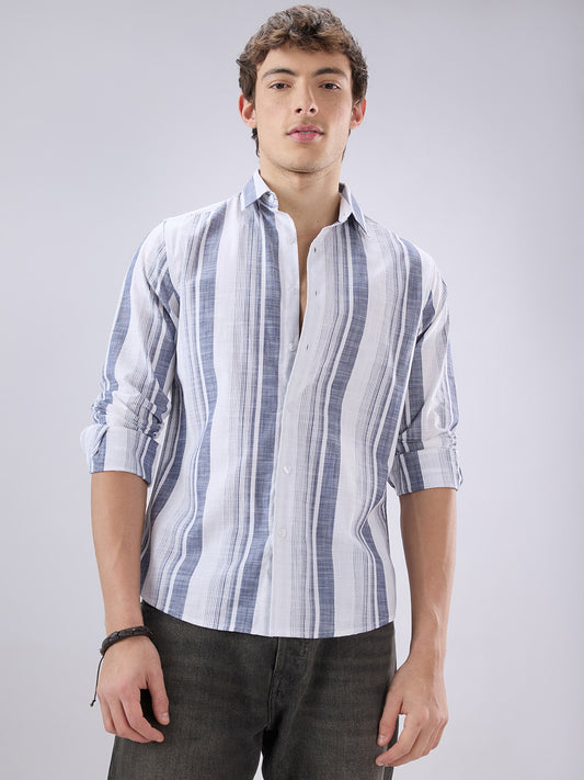 White & Navy Broad Striped Shirt