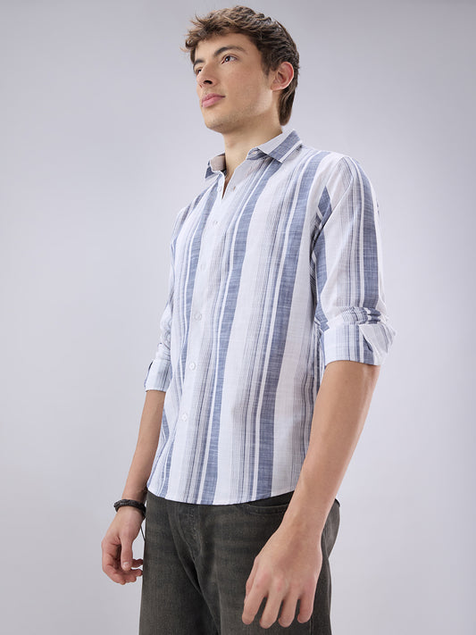 White & Navy Broad Striped Shirt