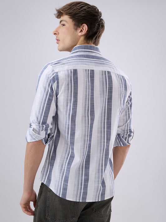 White & Navy Broad Striped Shirt