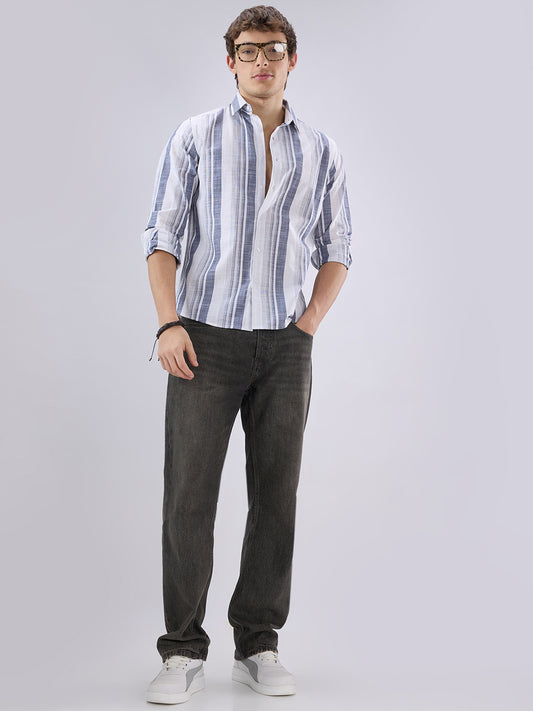 White & Navy Broad Striped Shirt