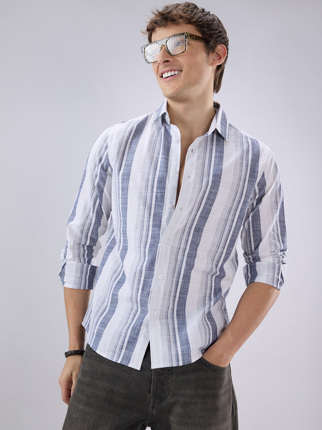 White & Navy Broad Striped Shirt