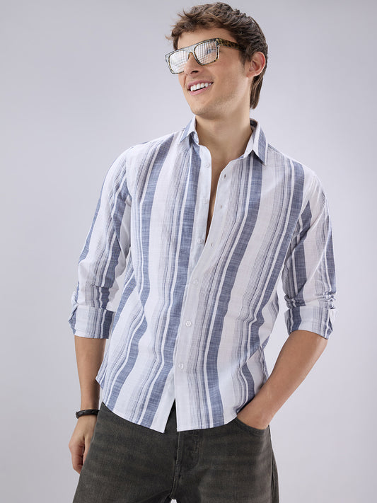 White & Navy Broad Striped Shirt