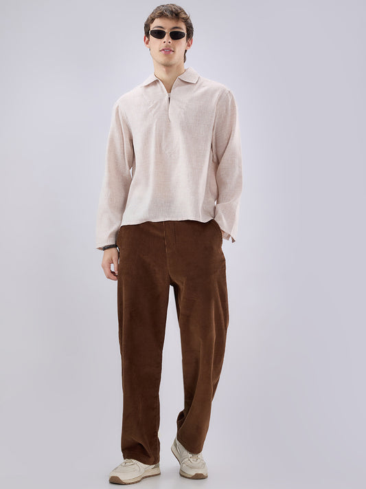 Brownish Tint Textured Cuffless Oversized Shirt