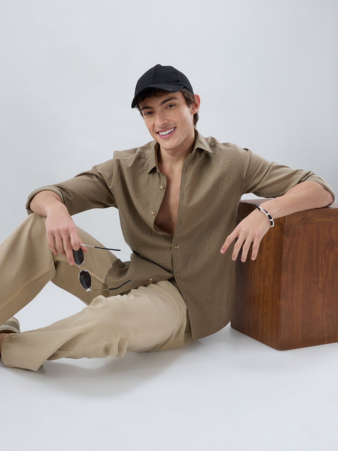 Soft Olive Box Textured Weave Double Cloth Shirt