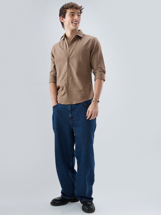 Mocha Brown Box Checks Embossed Double Cloth Shirt