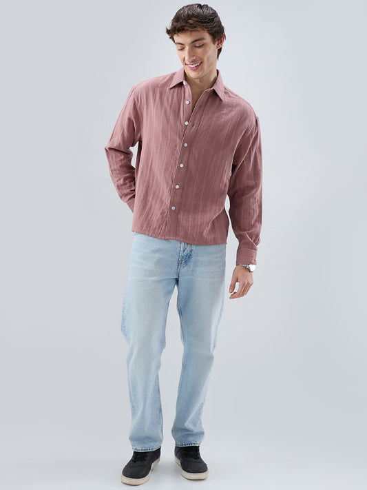 Dusty Peach Double Cloth Seersucker Striped Boxy Fit Crop Shirt