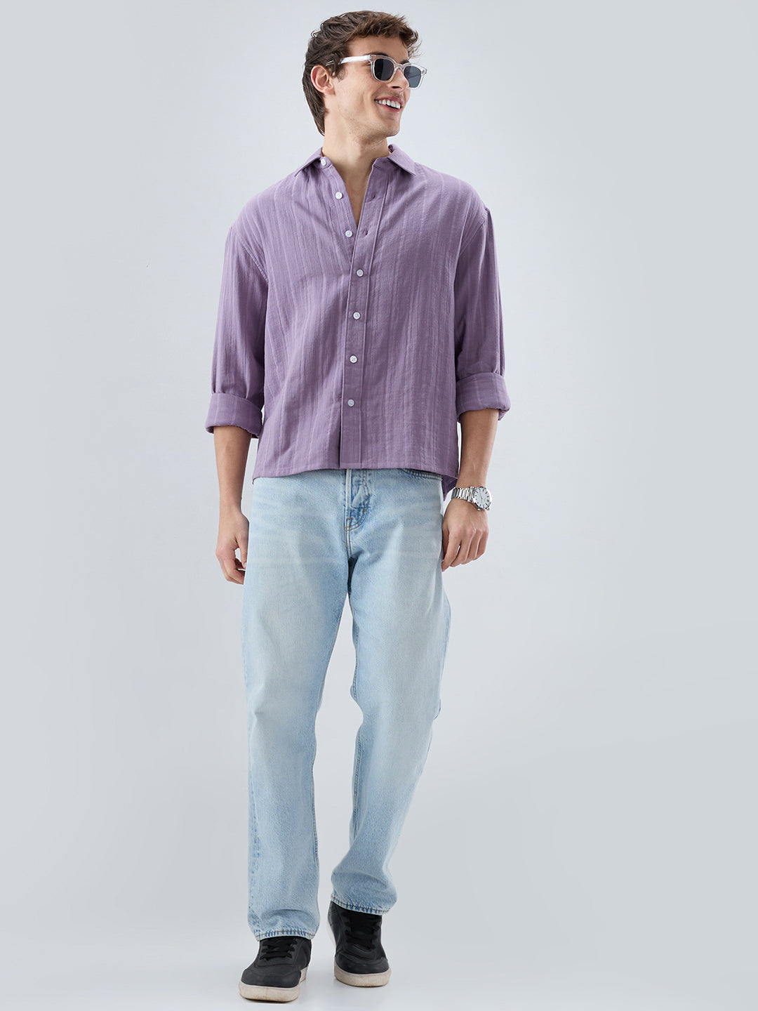 Chinese Violet Double Cloth Striped Boxy Fit Crop Shirt