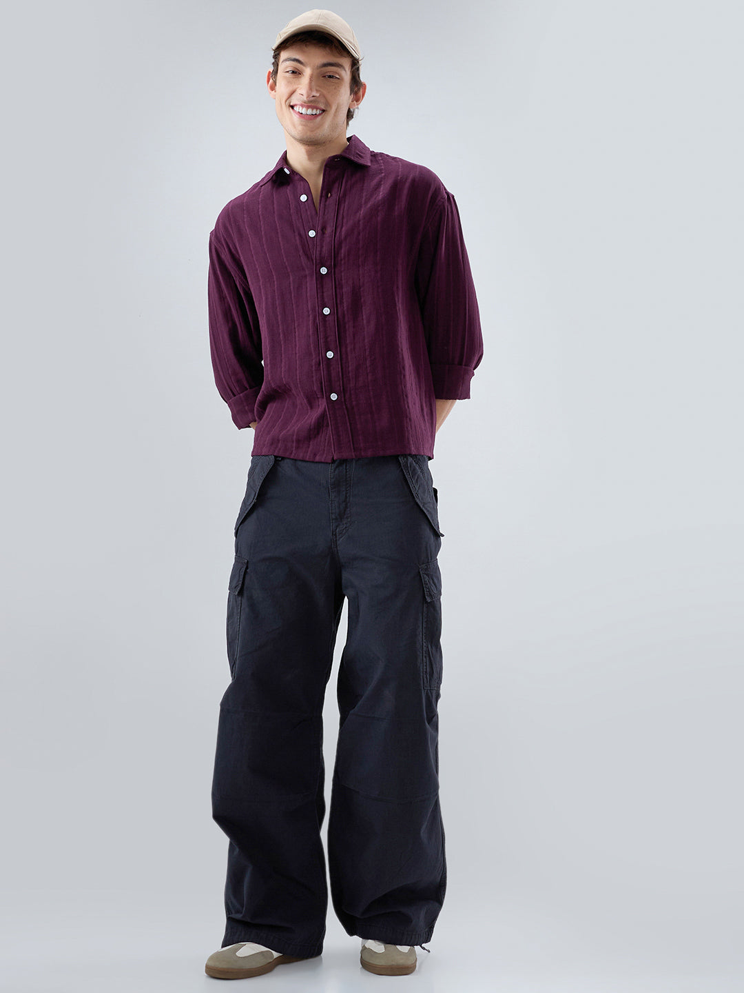 Elegant Wine Double Cloth Seersucker Striped Boxy Fit Crop Shirt