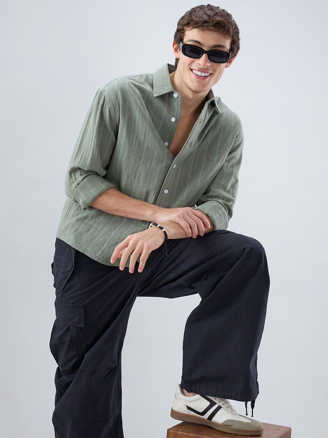 Forest Green Double Cloth Striped Boxy Fit Crop Shirt