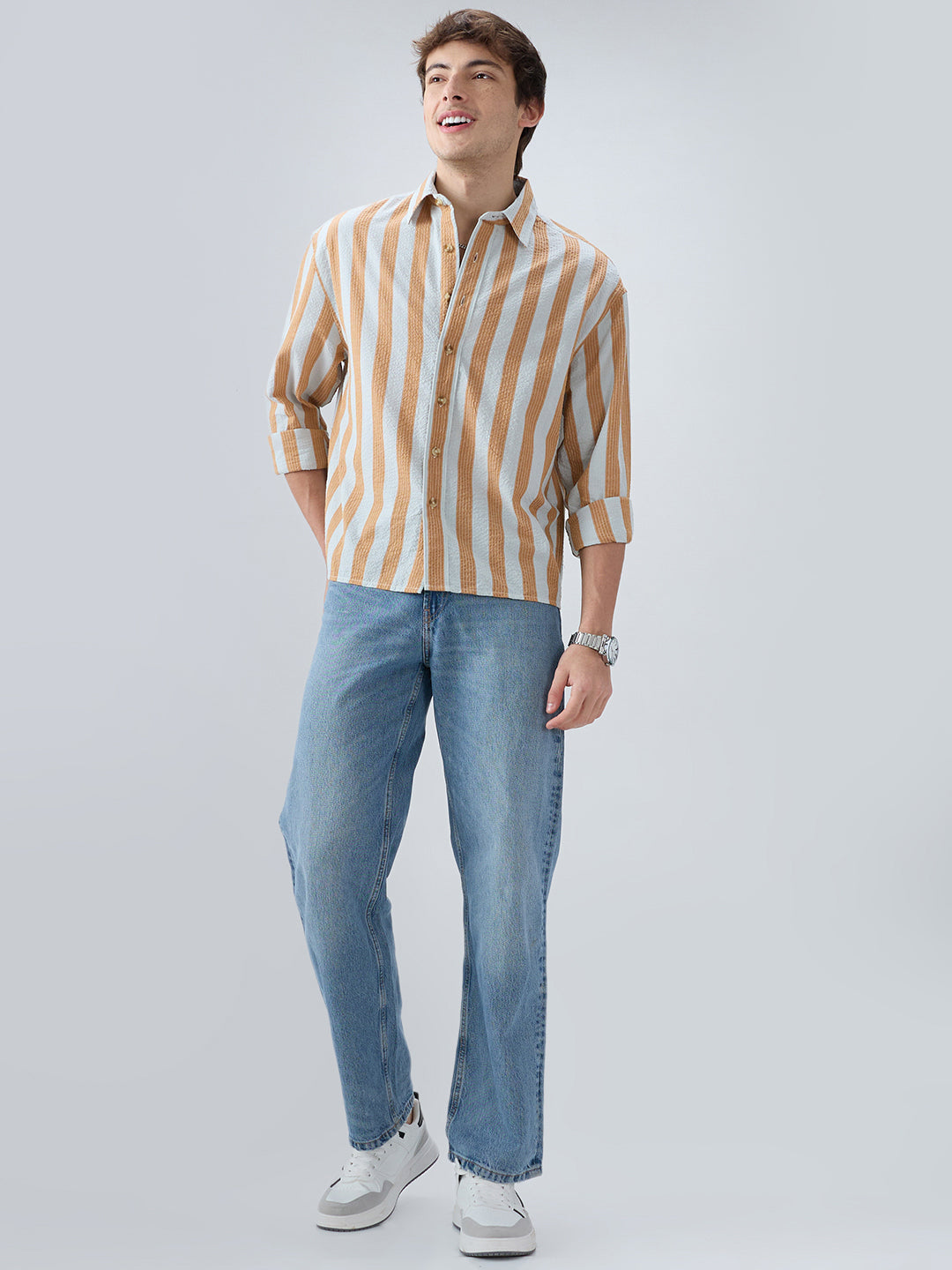 Orange & Blue Seersucker Awning Stripe Boxy Fit Crop Shirt
