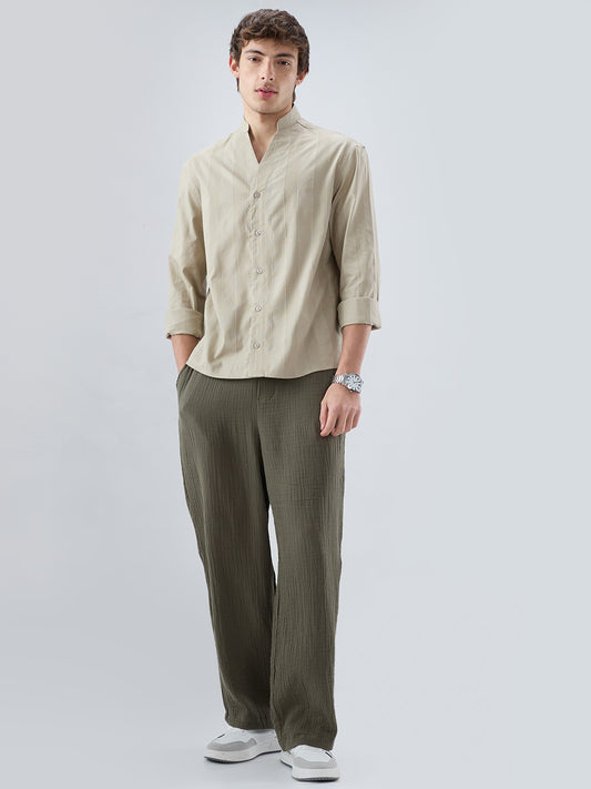 Sandstone Khaki Panel Textured Stand Collar Oversized Shirt