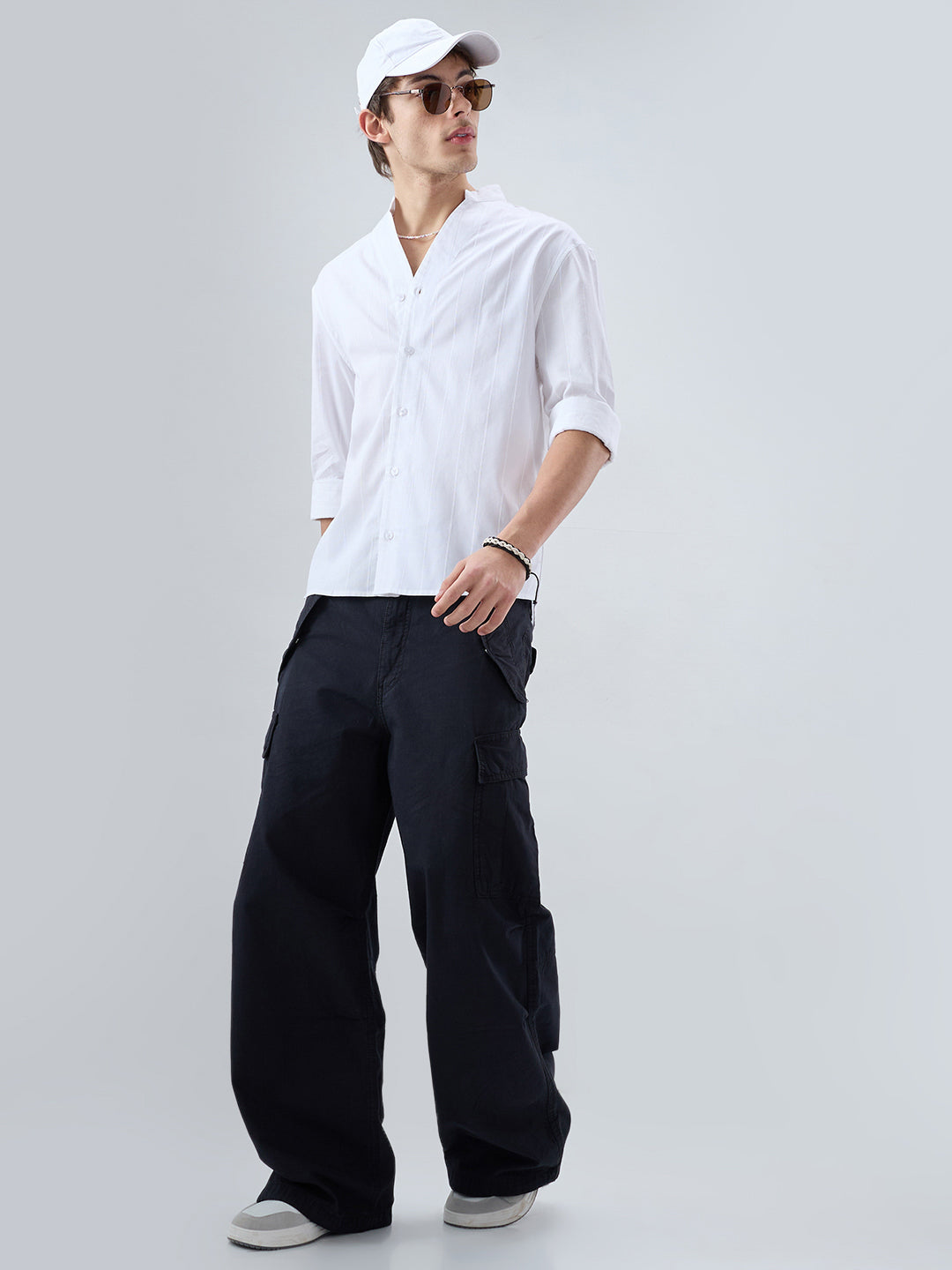 Snow White Panel Textured Stand Collar Oversized Shirt