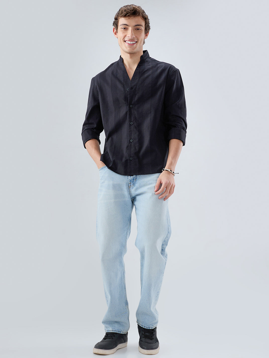 Black Panel Textured Stand Collar Oversized Shirt