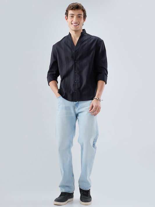 Black Panel Textured Stand Collar Oversized Shirt