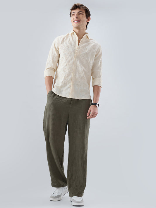 Serene Whispering Bloom Beige Embroidered Shirt