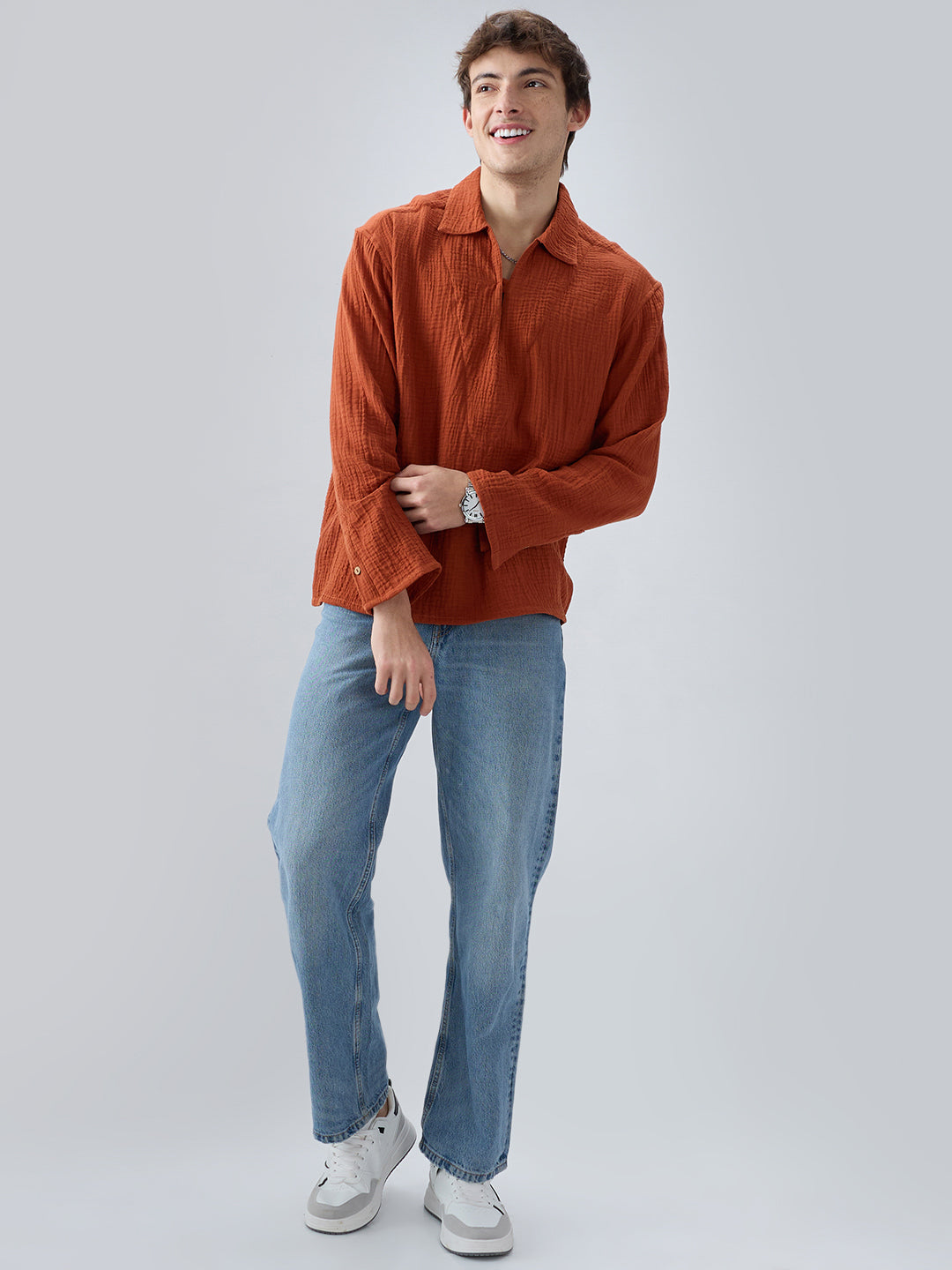 Rust Double Cloth Cuffless Oversized Shirt