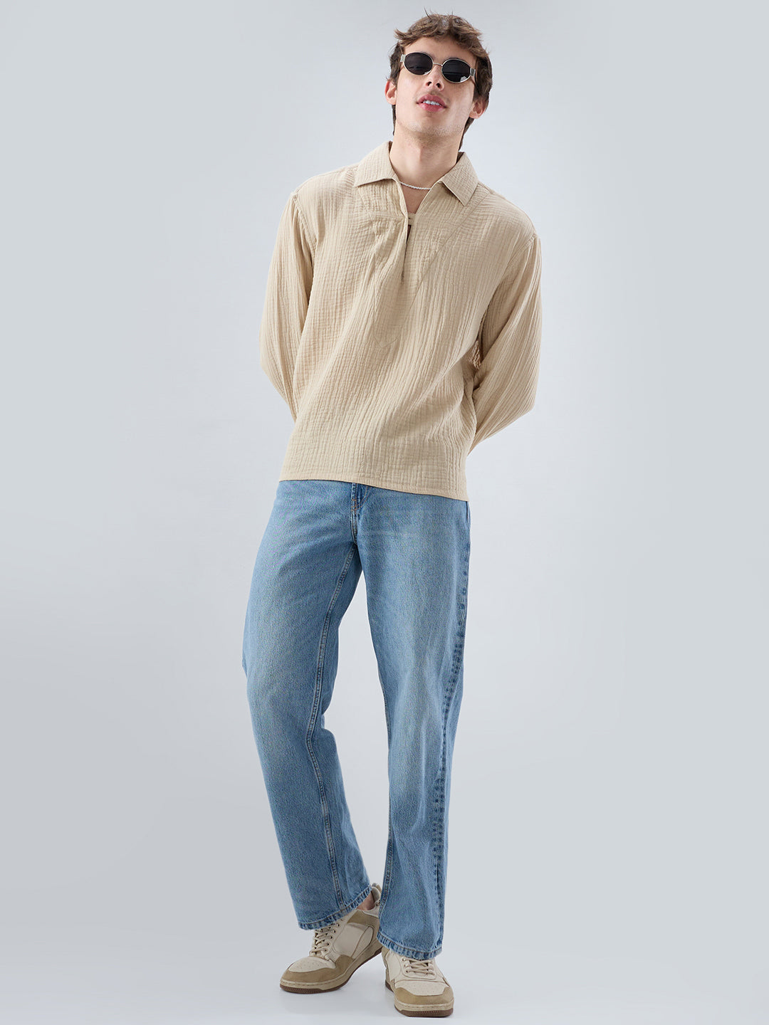 Latte Beige Double Cloth Cuffless Oversized Shirt