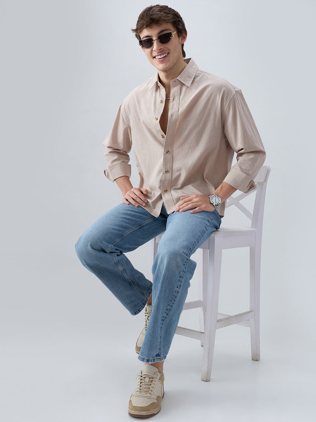 Neutral Beige Airy Slub Textured Boxy Fit Crop Shirt