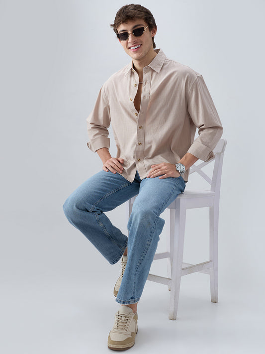 Neutral Beige Airy Slub Textured Boxy Fit Crop Shirt