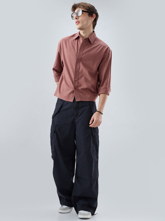 Dusty Brownish Pink Airy Striped Weave Boxy Fit Crop Shirt