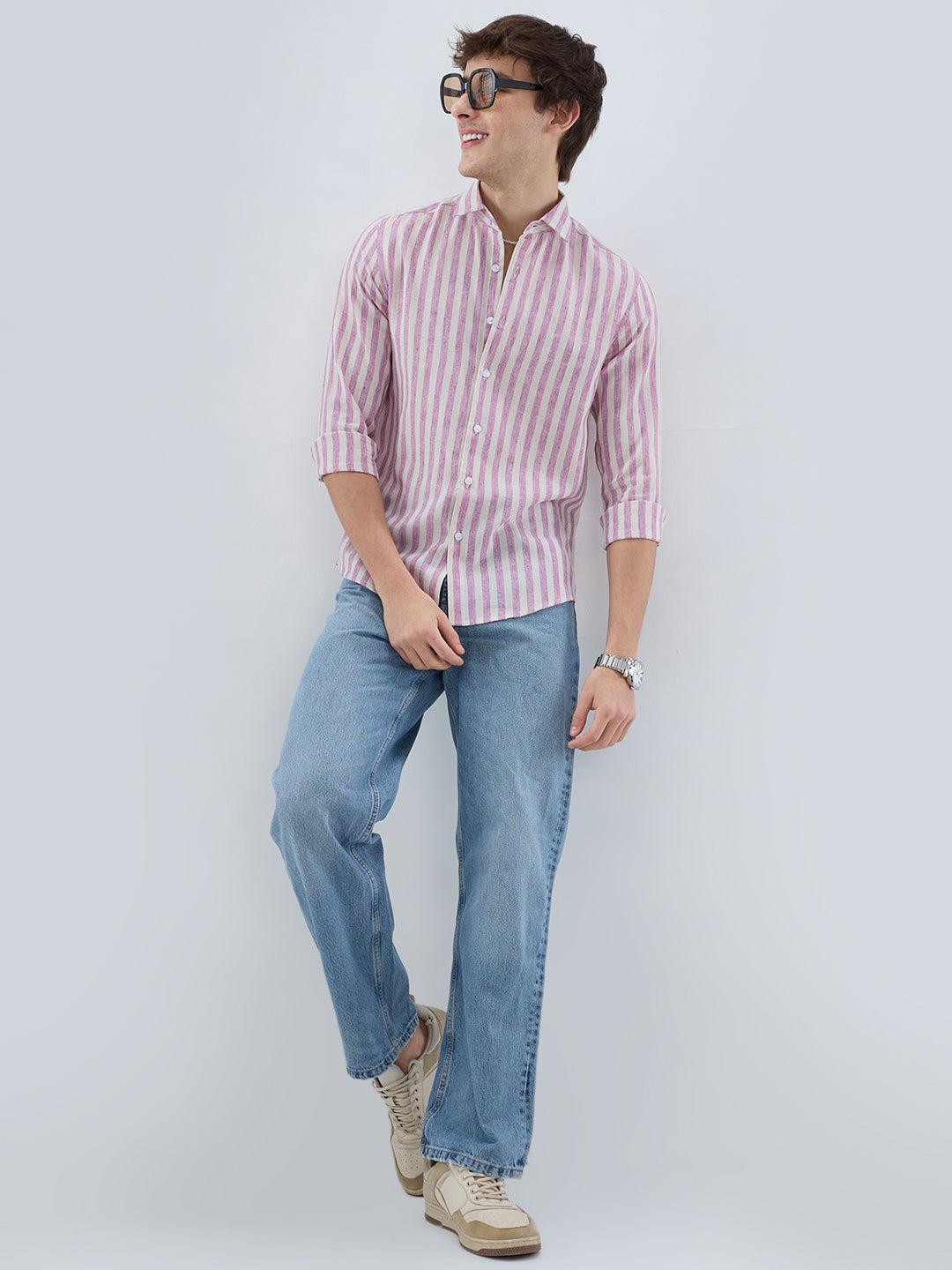 Cerise Pink & Ivory Balanced Striped Linen Blend Shirt