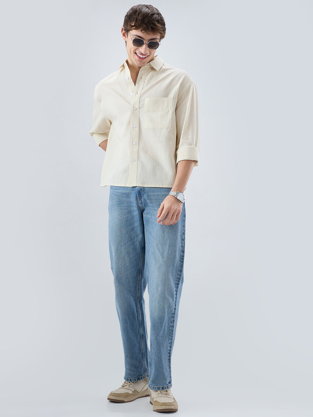 Luxe Off-White Fine Sheer Linen Blend Boxy Fit Crop Shirt