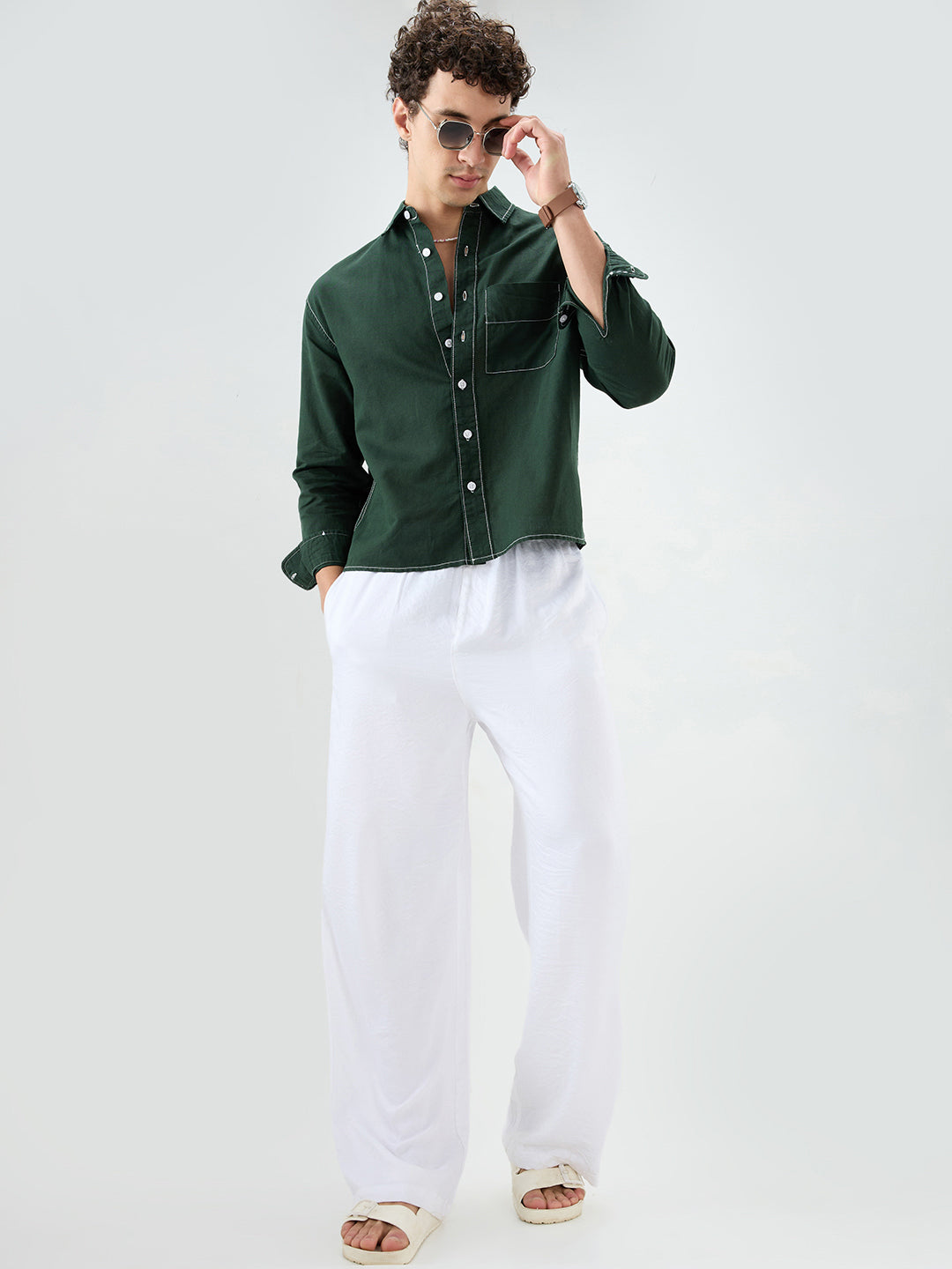 Luxe Sacramento Green Contrast Stitch Linen Blend Boxy Fit Crop Shirt