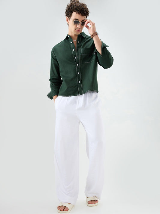 Luxe Sacramento Green Contrast Stitch Linen Blend Boxy Fit Crop Shirt