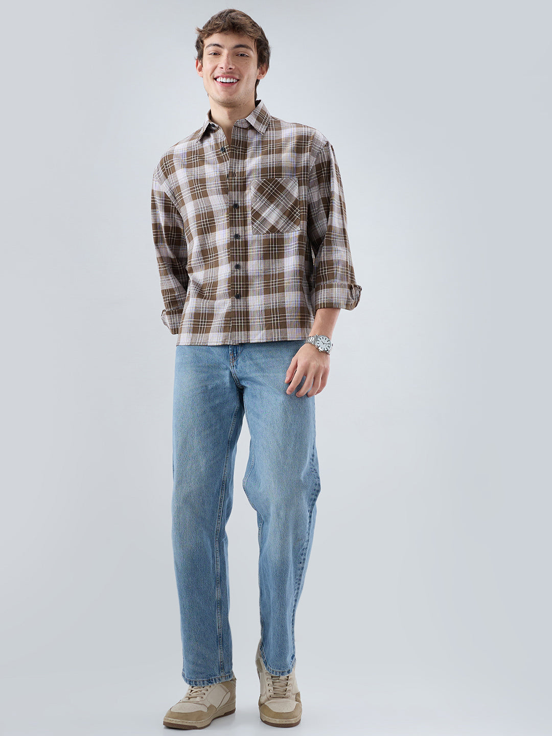 Deep Brown & White Plaid Checks Boxy Fit Crop Shirt