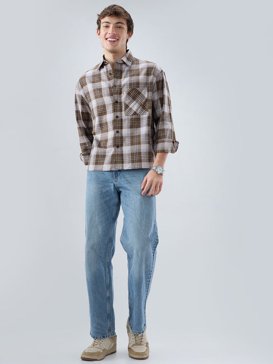 Deep Brown & White Plaid Checks Boxy Fit Crop Shirt