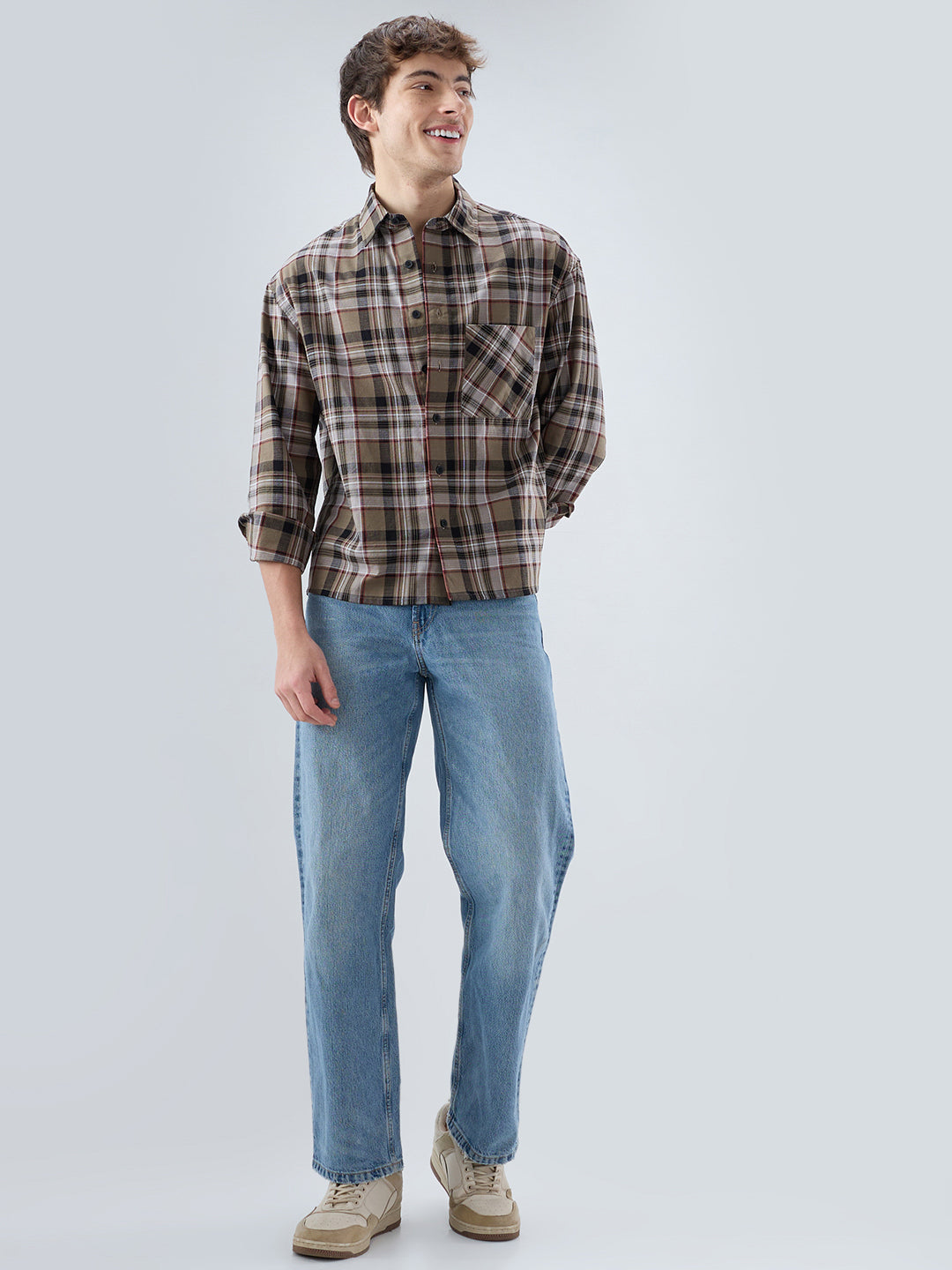 Muted Olive Plaid Checks Boxy Fit Crop Shirt