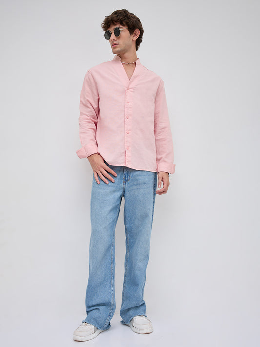 Mist Pink Linen Blend Stand Collar Oversized Shirt