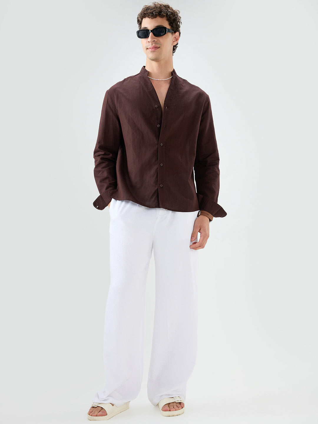 Espresso Brown Linen Blend Stand Collar Oversized Shirt