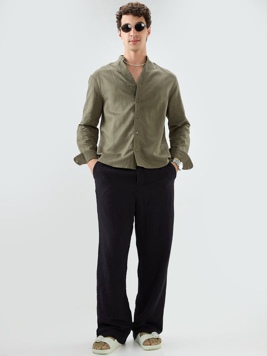 Solid Olive Stand Collar Linen Blend Oversized Shirt