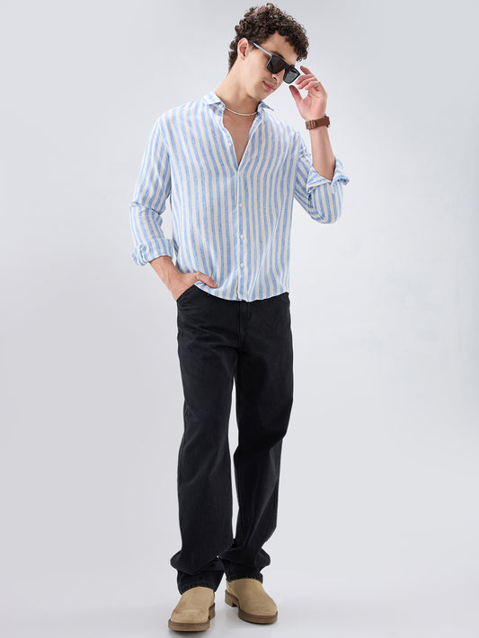 Blue & Ivory Balanced Striped Linen Blend Shirt