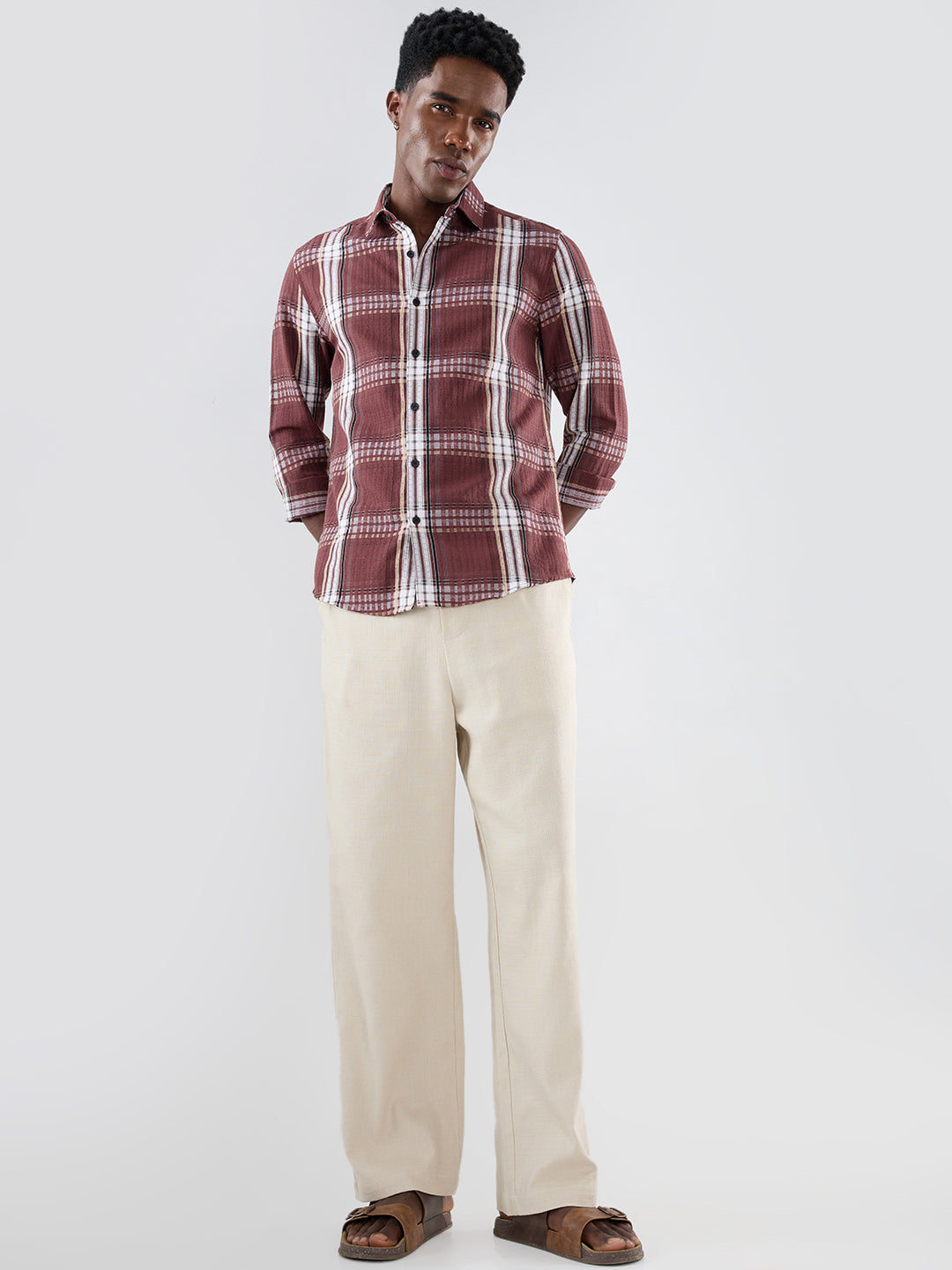 Autumn Brew Soft Textured Checks Maroon Shirt