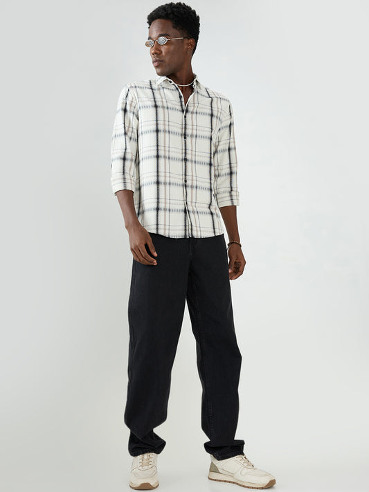 Premium White & Grey Soft Textured Checks Shirt