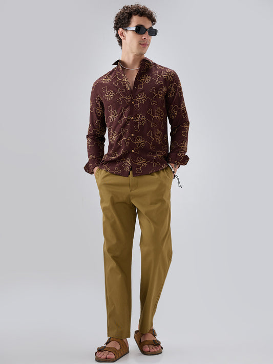 Brown Slub Textured Floral Contrast Embroidered Shirt