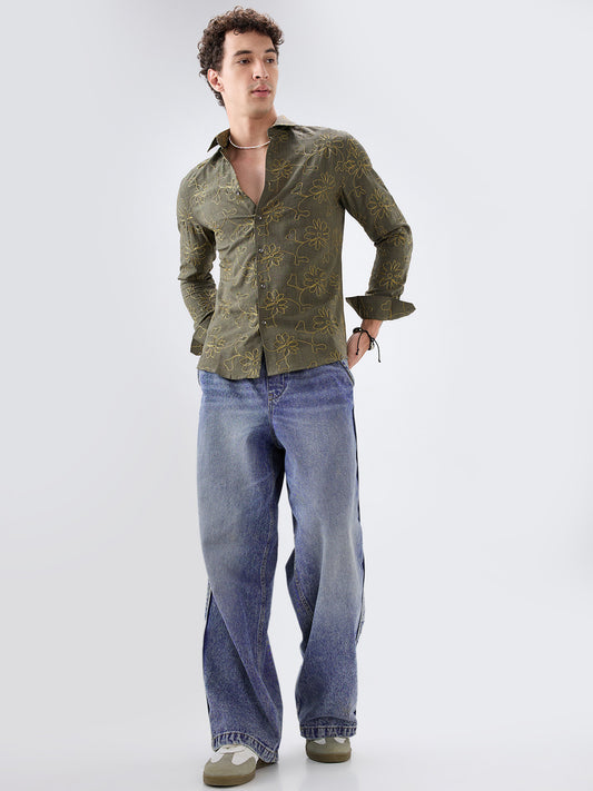 Olive Slub Textured Floral Contrast Embroidered Shirt