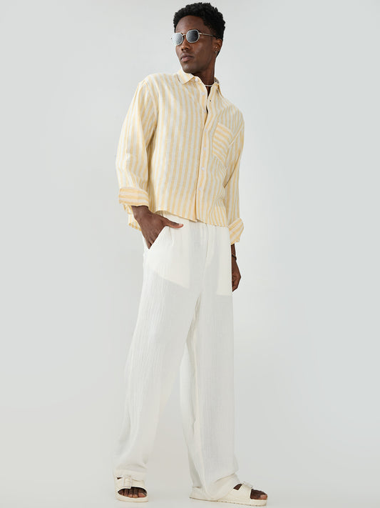 White & Yellow Balanced Striped Boxy Fit Crop Shirt
