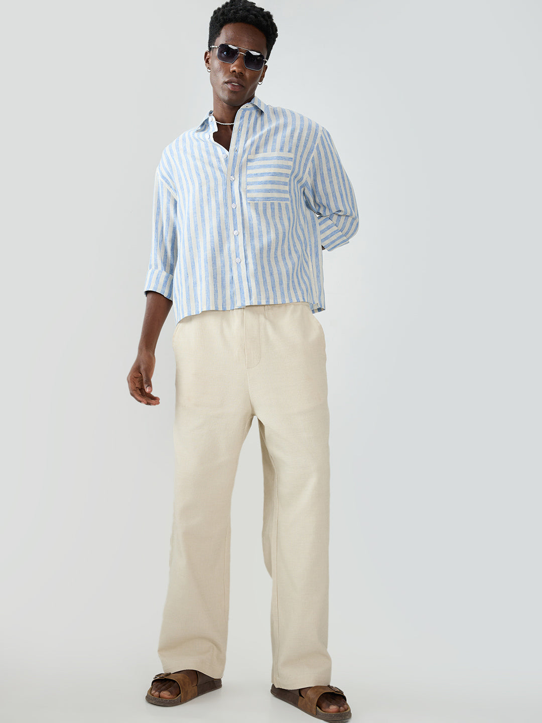 Blue & Off-White Striped Boxy Fit Crop Shirt