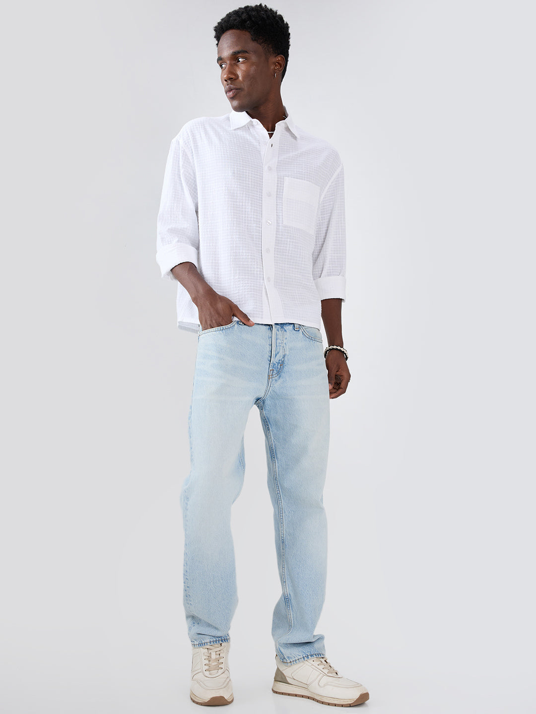 Snow White Micro Grid Textured Weave Boxy Fit Crop Shirt