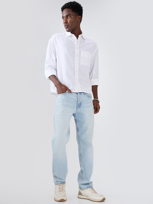 Snow White Micro Grid Textured Weave Boxy Fit Crop Shirt