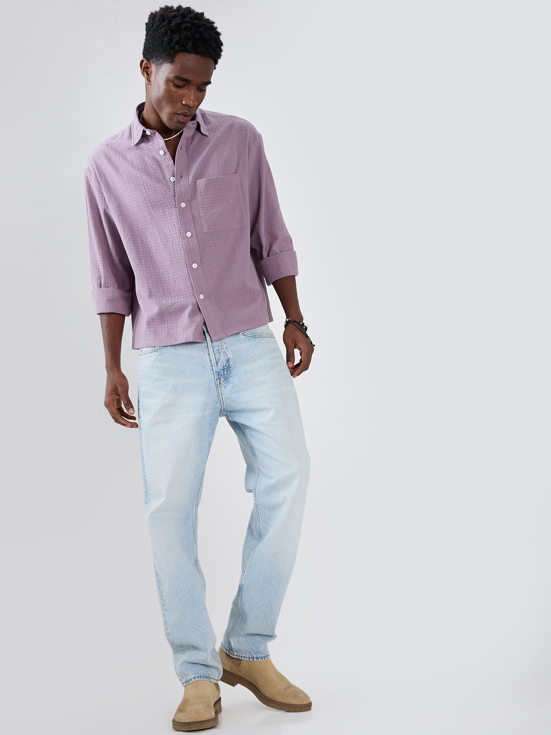 Soft Mauve Micro Grid Jacquard Weave Boxy Fit Crop Shirt