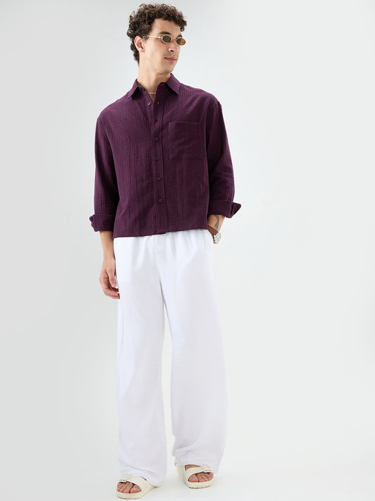 Wine Micro Box Textured Boxy Fit Crop Shirt