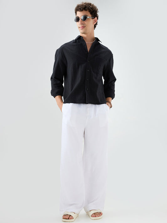 Deep Black Grid Jacquard Weave Boxy Fit Crop Shirt