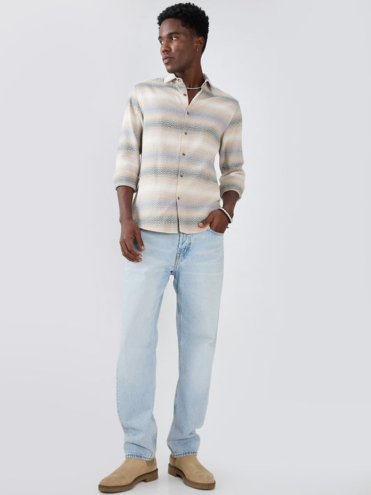 Natural Sand Beige Contrast Motif Striped Shirt